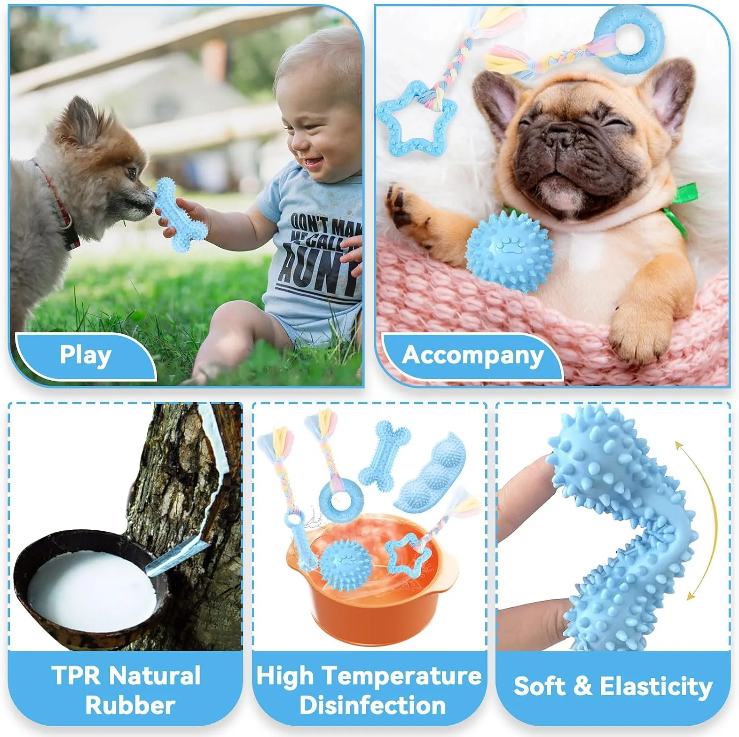 Petcare 6 Pack Puppy Chew Toys - Blue, Soft Rubber Rope & Bone Ball Teething Toys for Small Dogs & Puppies, Including Yorkie
