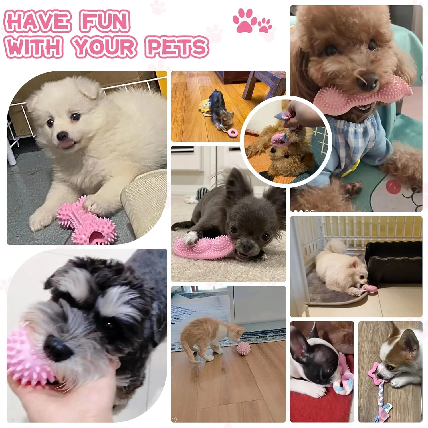 Petcare 6 Pack Puppy Chew Toys for Teething Cute Pink Puppy Toys Small Dog Toys Soft Rubber Rope Dog Toys Funny Bone Ball Cleaning Teeth Dog Chew Toys Puppy Teething Toys for Puppies Yorkie