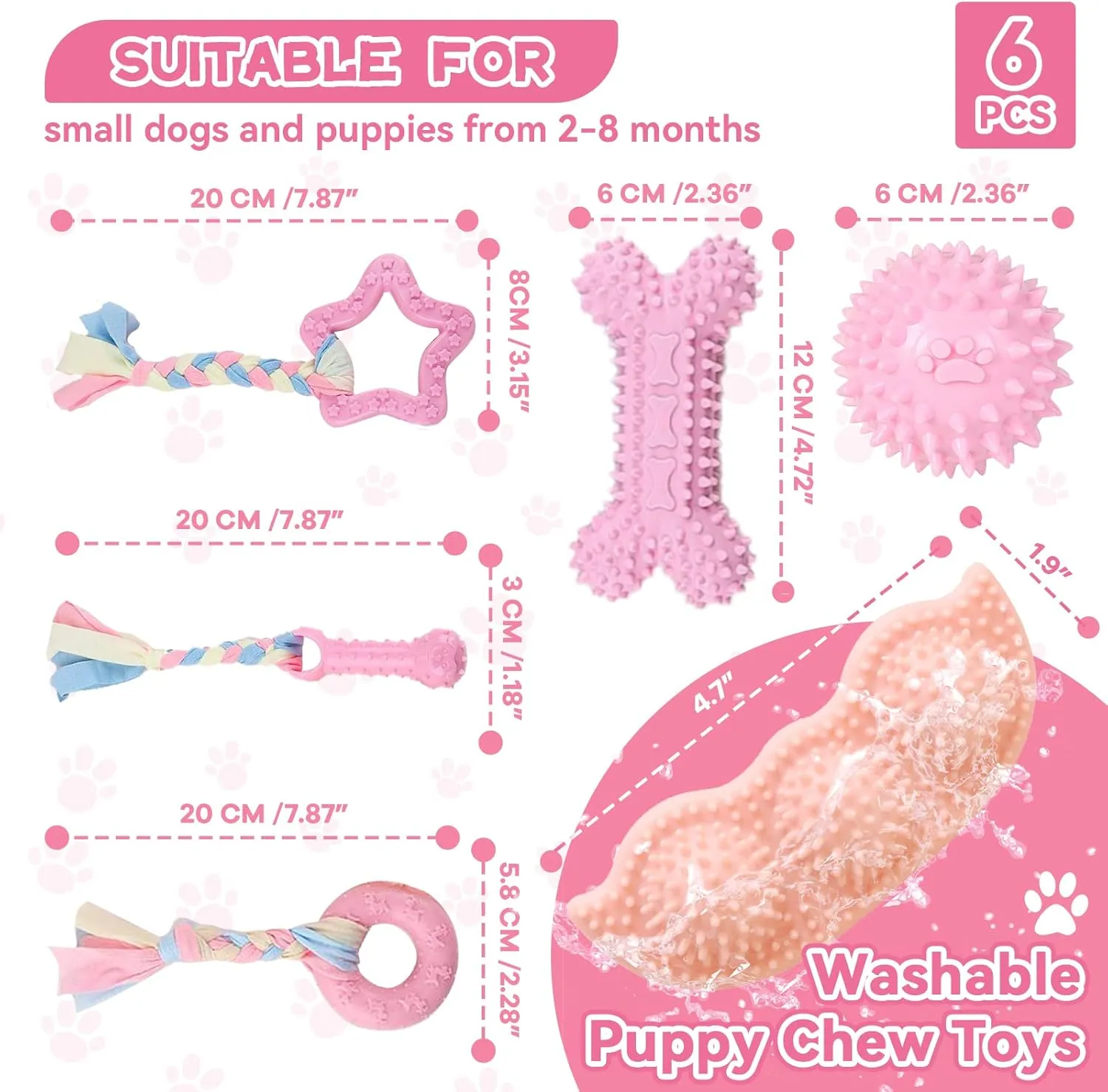 Petcare 6 Pack Puppy Chew Toys for Teething Cute Pink Puppy Toys Small Dog Toys Soft Rubber Rope Dog Toys Funny Bone Ball Cleaning Teeth Dog Chew Toys Puppy Teething Toys for Puppies Yorkie