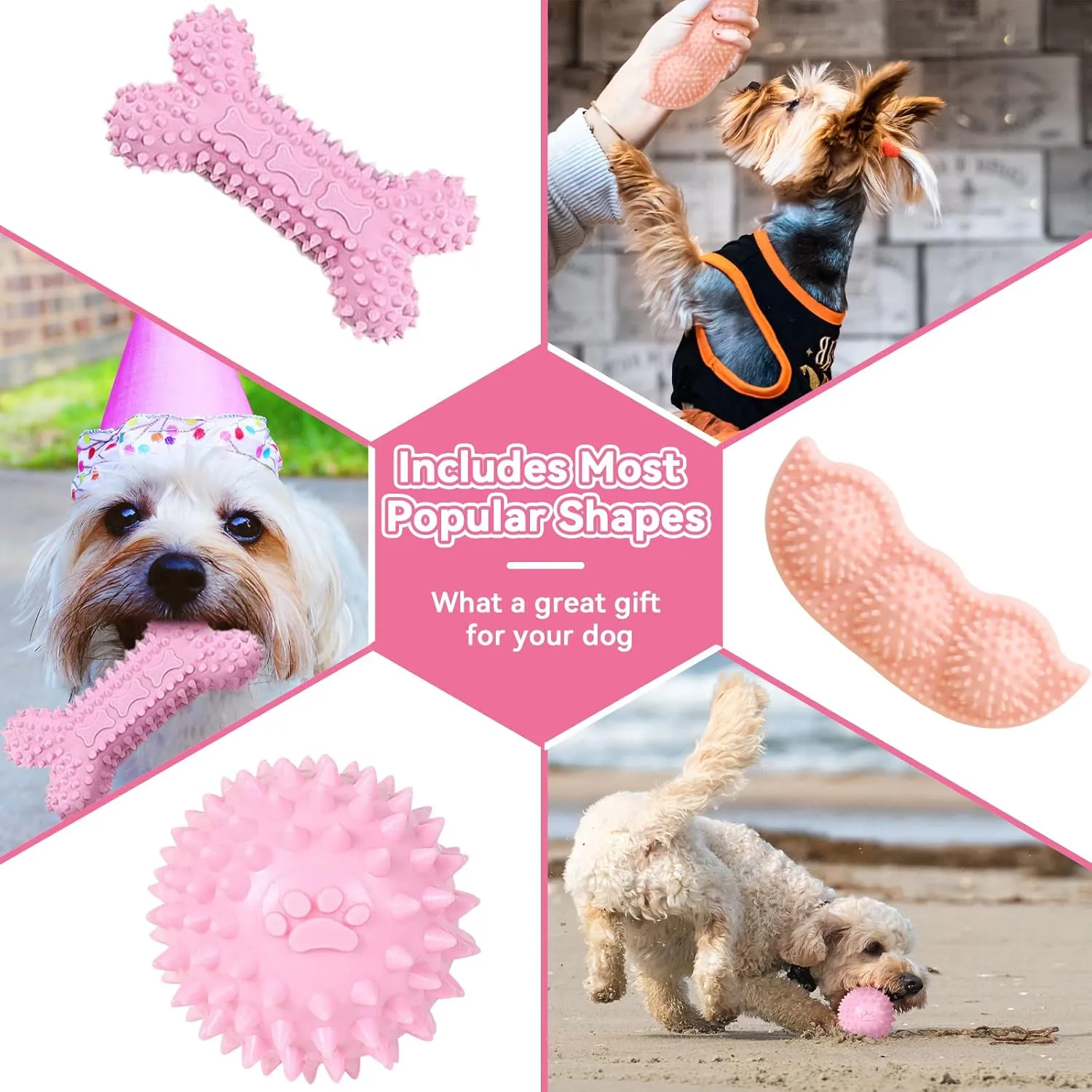 Petcare 6 Pack Puppy Chew Toys for Teething Cute Pink Puppy Toys Small Dog Toys Soft Rubber Rope Dog Toys Funny Bone Ball Cleaning Teeth Dog Chew Toys Puppy Teething Toys for Puppies Yorkie