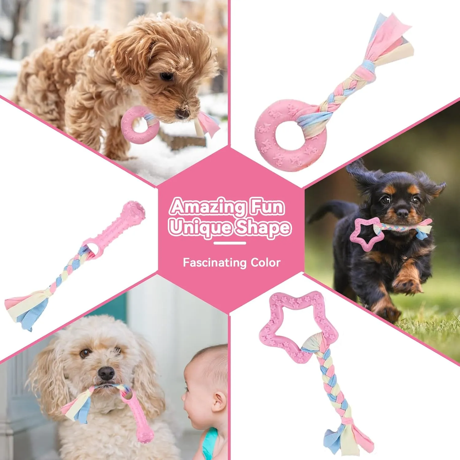 Petcare 6 Pack Puppy Chew Toys for Teething Cute Pink Puppy Toys Small Dog Toys Soft Rubber Rope Dog Toys Funny Bone Ball Cleaning Teeth Dog Chew Toys Puppy Teething Toys for Puppies Yorkie
