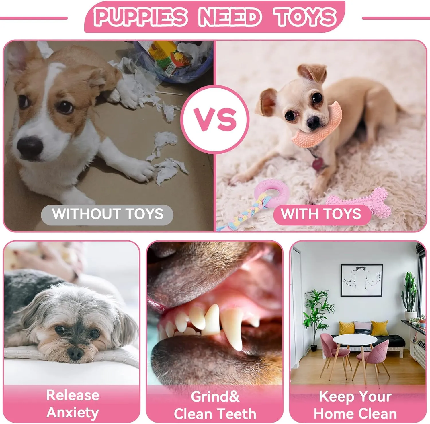 Petcare 6 Pack Puppy Chew Toys for Teething Cute Pink Puppy Toys Small Dog Toys Soft Rubber Rope Dog Toys Funny Bone Ball Cleaning Teeth Dog Chew Toys Puppy Teething Toys for Puppies Yorkie