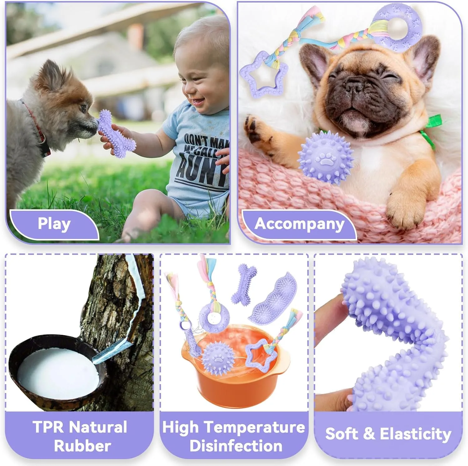 Petcare 6 Pack Puppy Teething Toys, Cute Purple Small Dog Chew Toys for Puppies 0-6 Months, Soft Rubber Rope Dog Teething Toys, Best Small Puppy Toys, Puppy Essentials Supplies