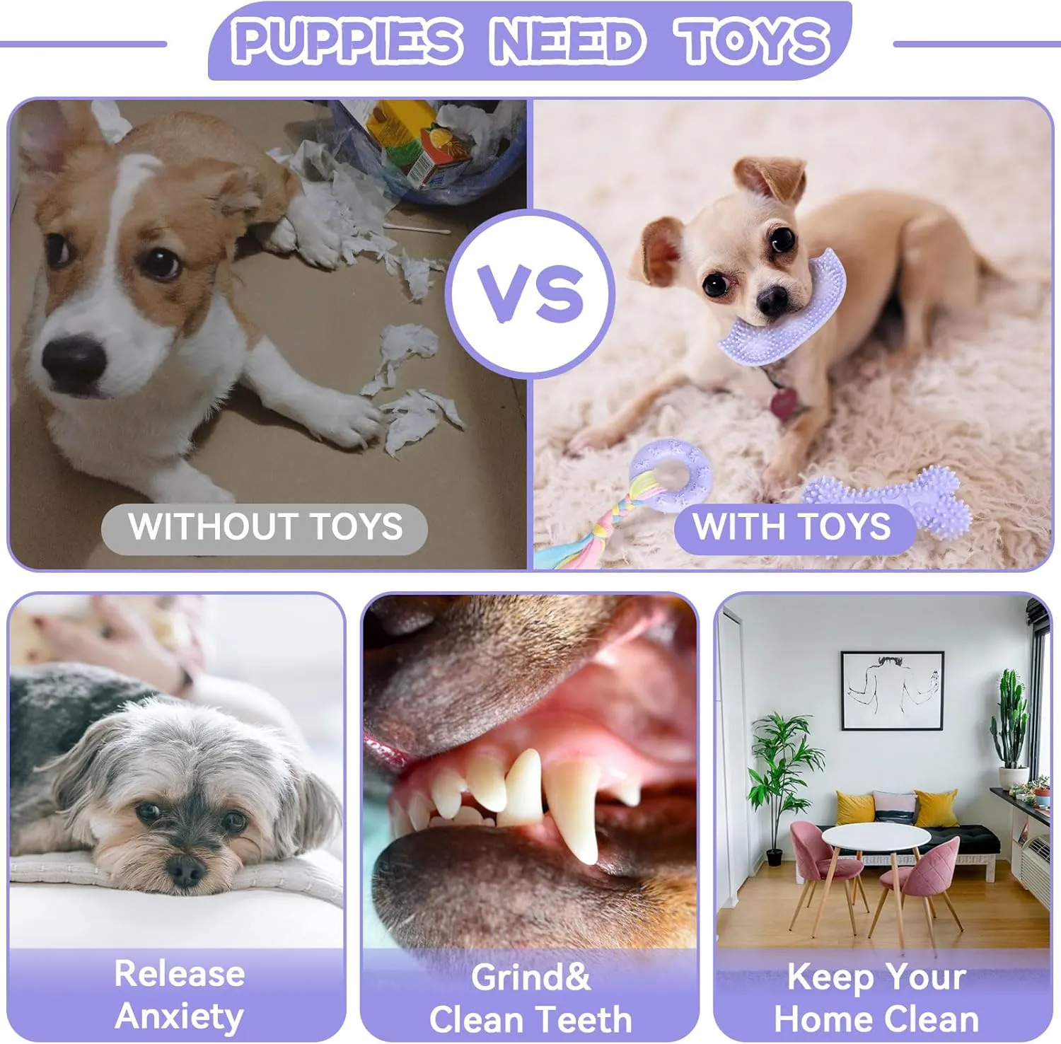 Petcare 6 Pack Puppy Teething Toys, Cute Purple Small Dog Chew Toys for Puppies 0-6 Months, Soft Rubber Rope Dog Teething Toys, Best Small Puppy Toys, Puppy Essentials Supplies