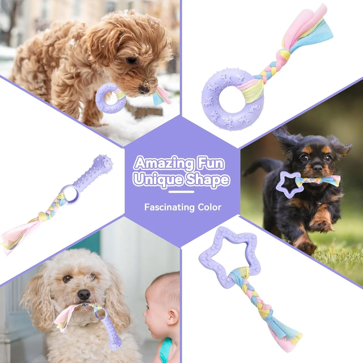 Petcare 6 Pack Puppy Teething Toys, Cute Purple Small Dog Chew Toys for Puppies 0-6 Months, Soft Rubber Rope Dog Teething Toys, Best Small Puppy Toys, Puppy Essentials Supplies