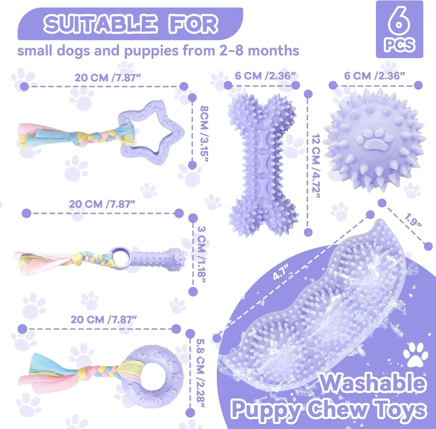Petcare 6 Pack Puppy Teething Toys, Cute Purple Small Dog Chew Toys for Puppies 0-6 Months, Soft Rubber Rope Dog Teething Toys, Best Small Puppy Toys, Puppy Essentials Supplies