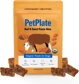 PetPlate Beef and Sweet Potato Bites, Human Grade Dog Treats, All Life Stages, Grain-Free, Organic and Real Ingredients, High Protein, Healthy Snacks (Pack of 1, 4.5 Ounce)