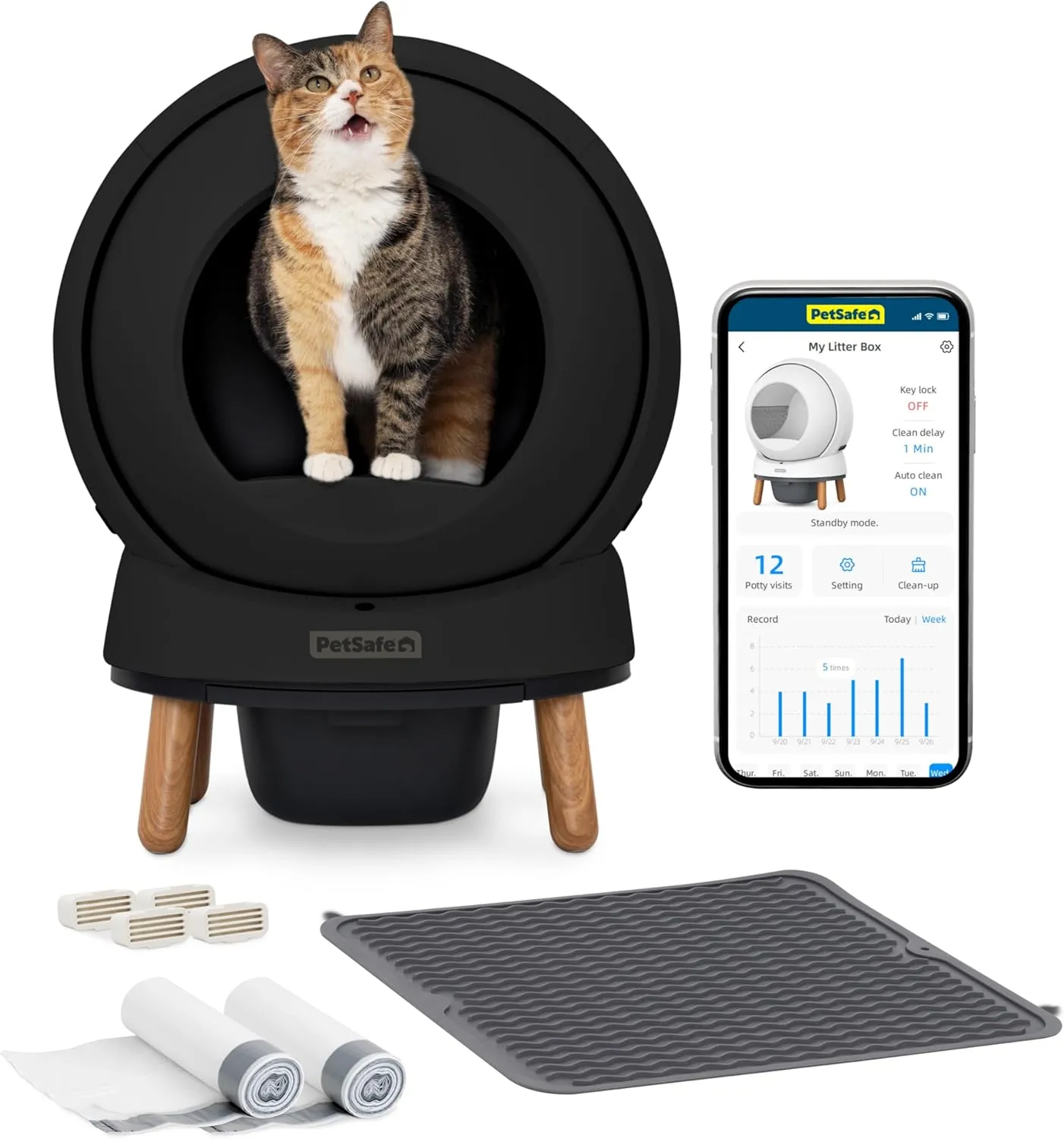 PetSafe ScoopFree SmartSpin Self-Cleaning Litter Box Bundle, Black  Odor Control  App Controlled  Up to 2 Weeks of Hands-Free Cleaning  Includes Litter Mat, 50 Waste Bin Liners, 4 Deodorizers