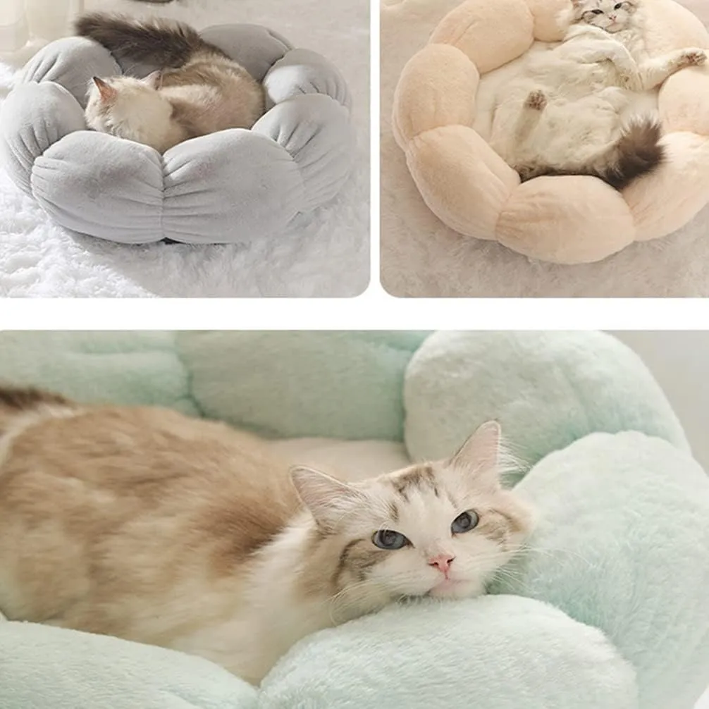 Plush Pet Bed Warm Calming Donut Cat and Dog Bed Pet Cushion Bed Anti-Anxiety Dog Bed Flower Shape Cat Bed Green Pink L