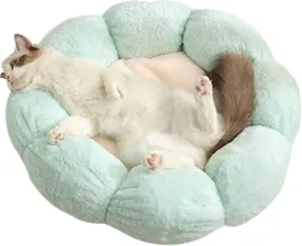 Plush Pet Bed Warm Calming Donut Cat and Dog Bed Pet Cushion Bed Anti-Anxiety Dog Bed Flower Shape Cat Bed Green Pink L