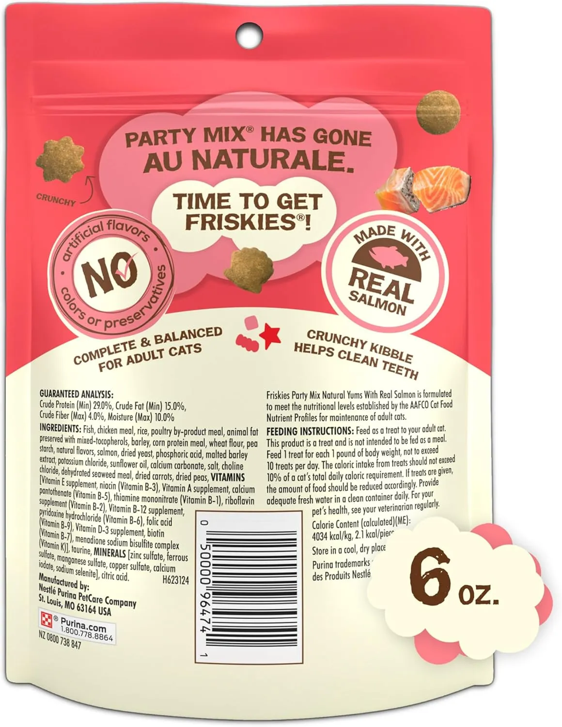 Purina Friskies Natural Cat Treats, Party Mix Natural Yums With Real Salmon and Vitamins, Minerals & Nutrients - (Pack of 6) 6 oz. Pouches