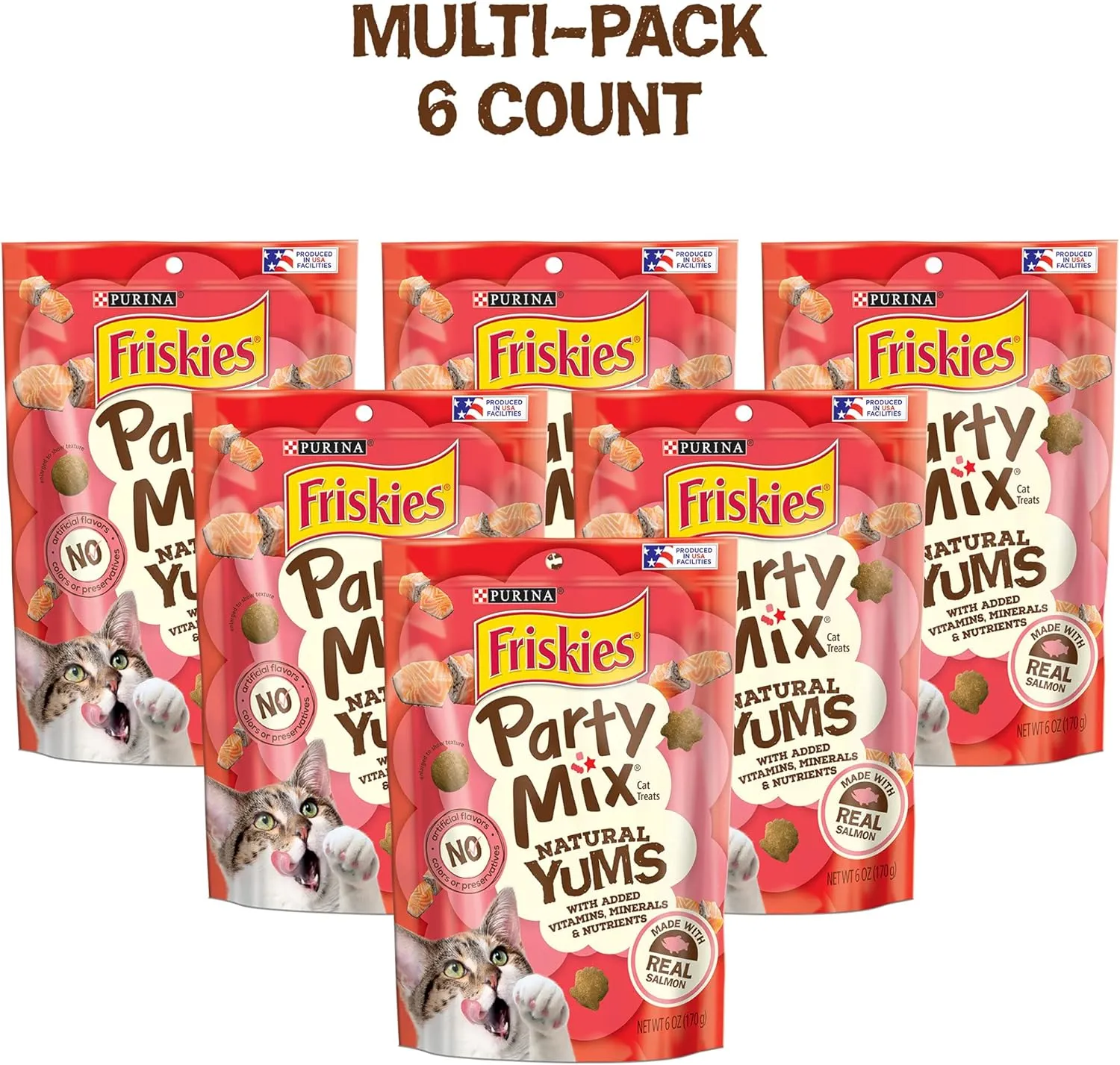 Purina Friskies Natural Cat Treats, Party Mix Natural Yums With Real Salmon and Vitamins, Minerals & Nutrients - (Pack of 6) 6 oz. Pouches