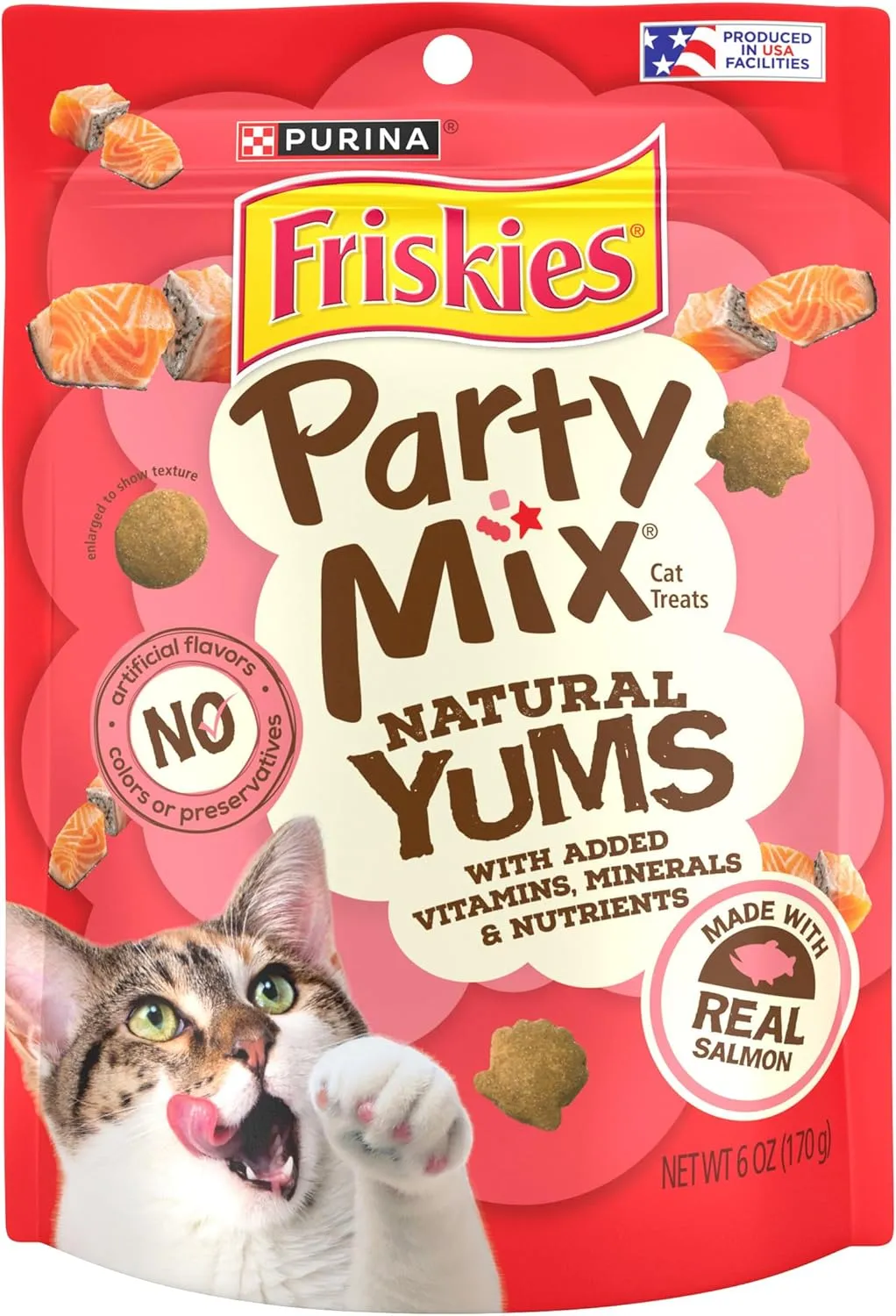 Purina Friskies Natural Cat Treats, Party Mix Natural Yums With Real Salmon and Vitamins, Minerals & Nutrients - (Pack of 6) 6 oz. Pouches