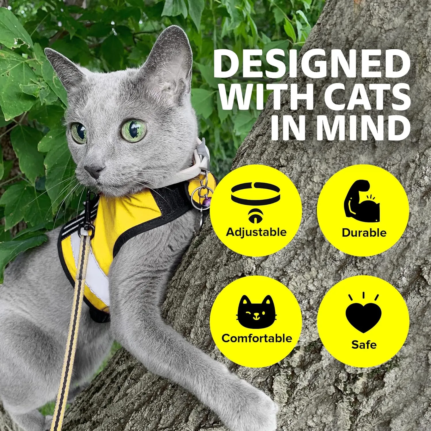 Reflective Cat Harness - High-Visibility Cat Vest for Day & Night | Secure, Breathable and Washable Cotton | Ideal for Walking & Traveling - Sunshine Yellow, S to M