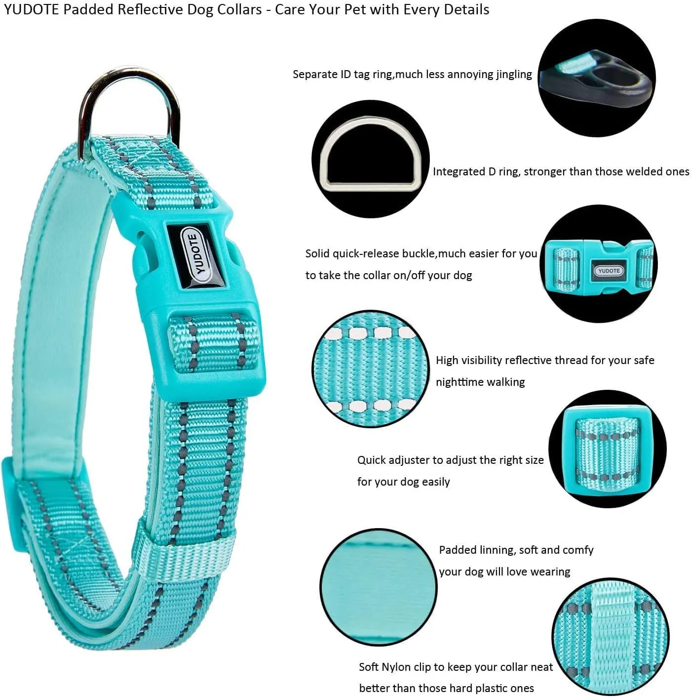 Reflective Nylon Dog Collar with Breathable Neoprene Padding,Adjustable for Large Dogs.(Neck 17"-26.3",Sky Blue)