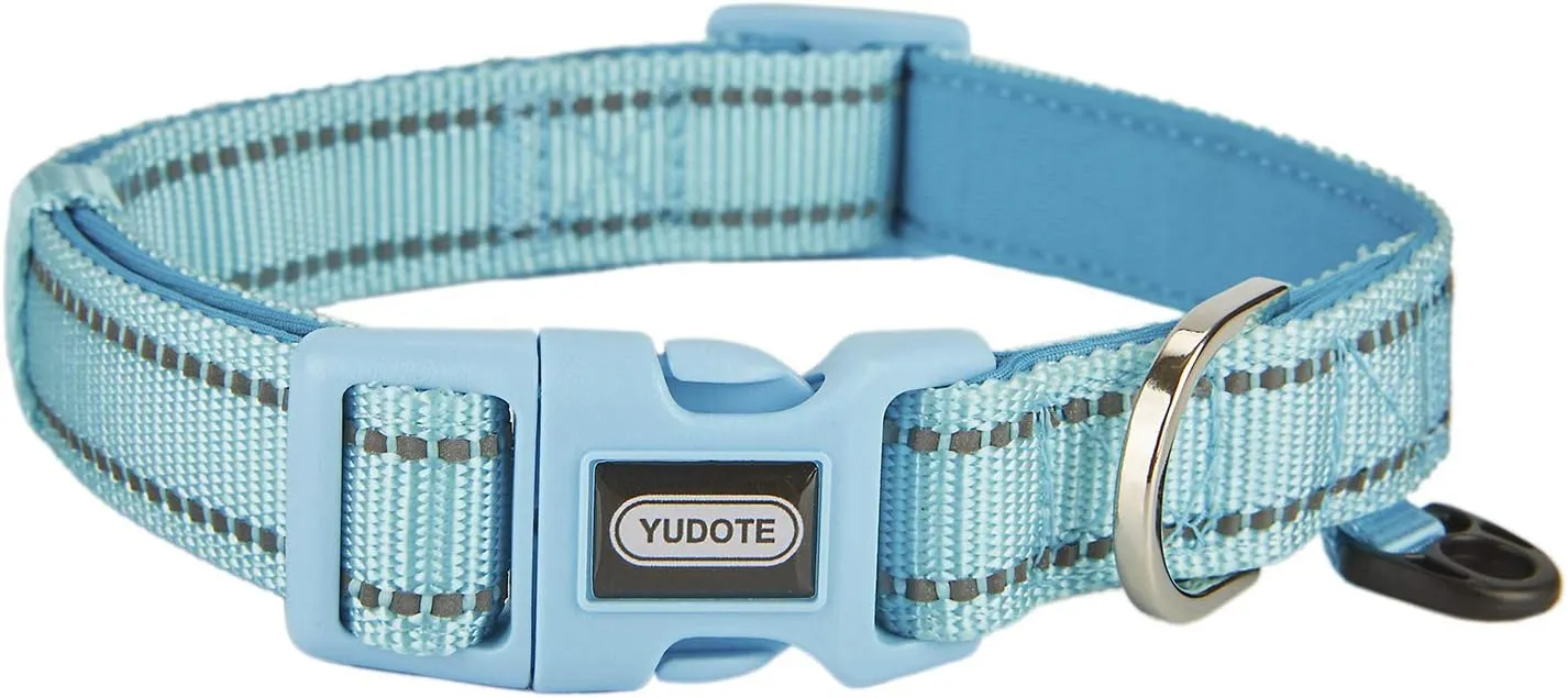 Reflective Nylon Dog Collar with Breathable Neoprene Padding,Adjustable for Large Dogs.(Neck 17"-26.3",Sky Blue)