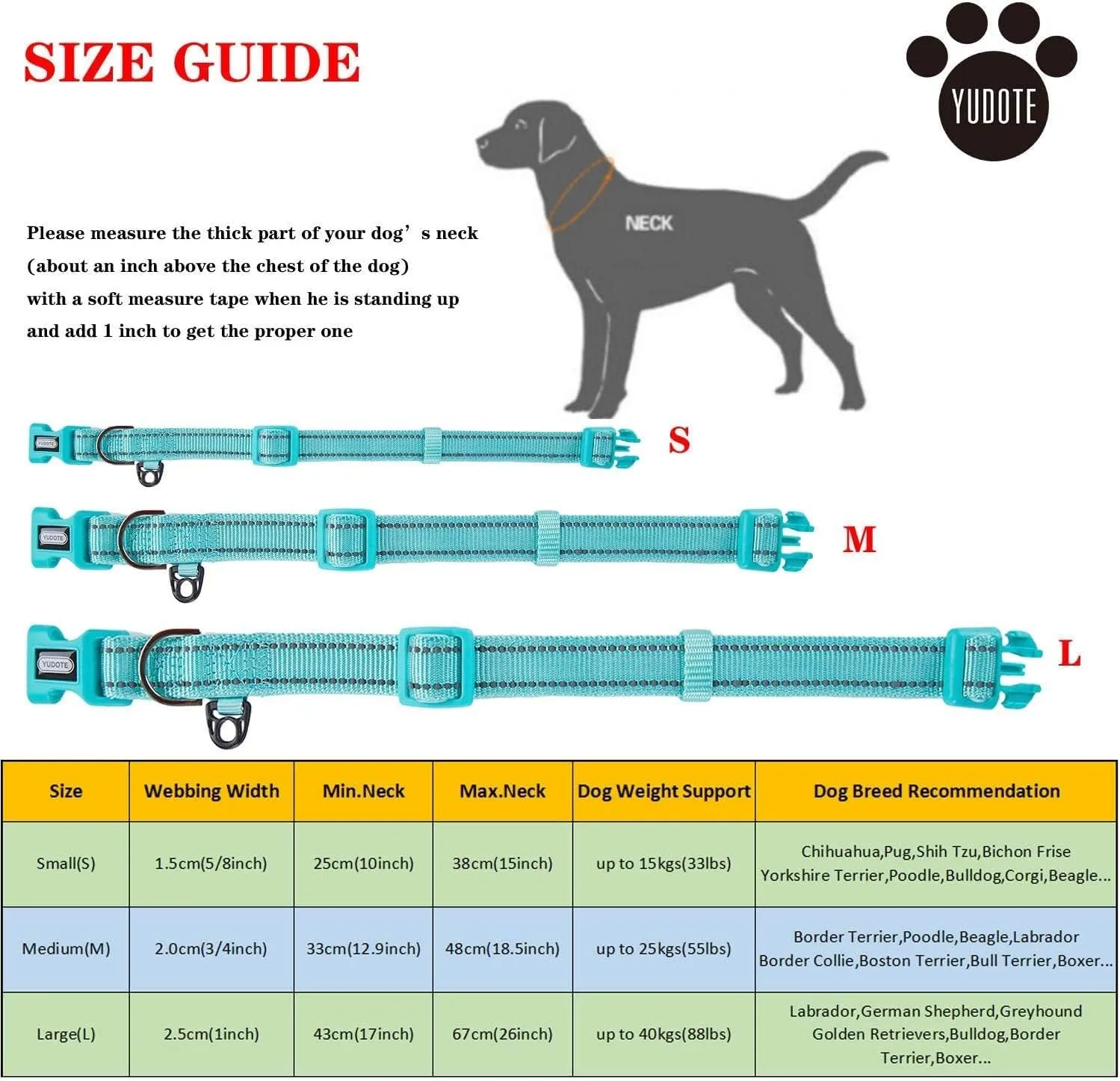 Reflective Nylon Dog Collar with Breathable Neoprene Padding,Adjustable for Large Dogs.(Neck 17"-26.3",Sky Blue)