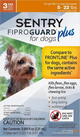 Sentry 3 Count Fiproguard Plus for Dogs Squeeze-On, 5-22-lbs (Pack of 2)