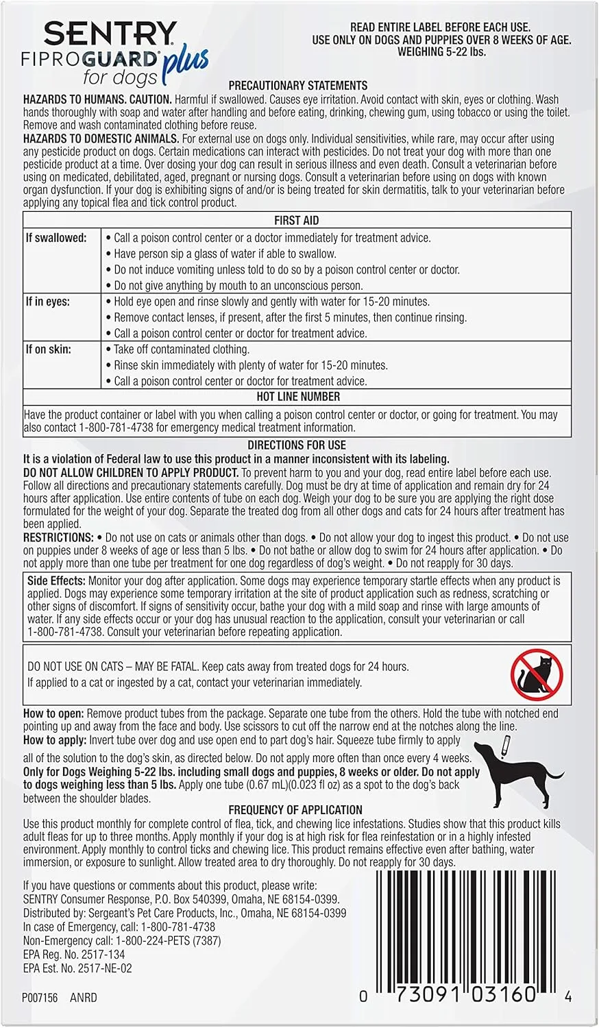 Sentry 3 Count Fiproguard Plus for Dogs Squeeze-On, 5-22-lbs (Pack of 2)