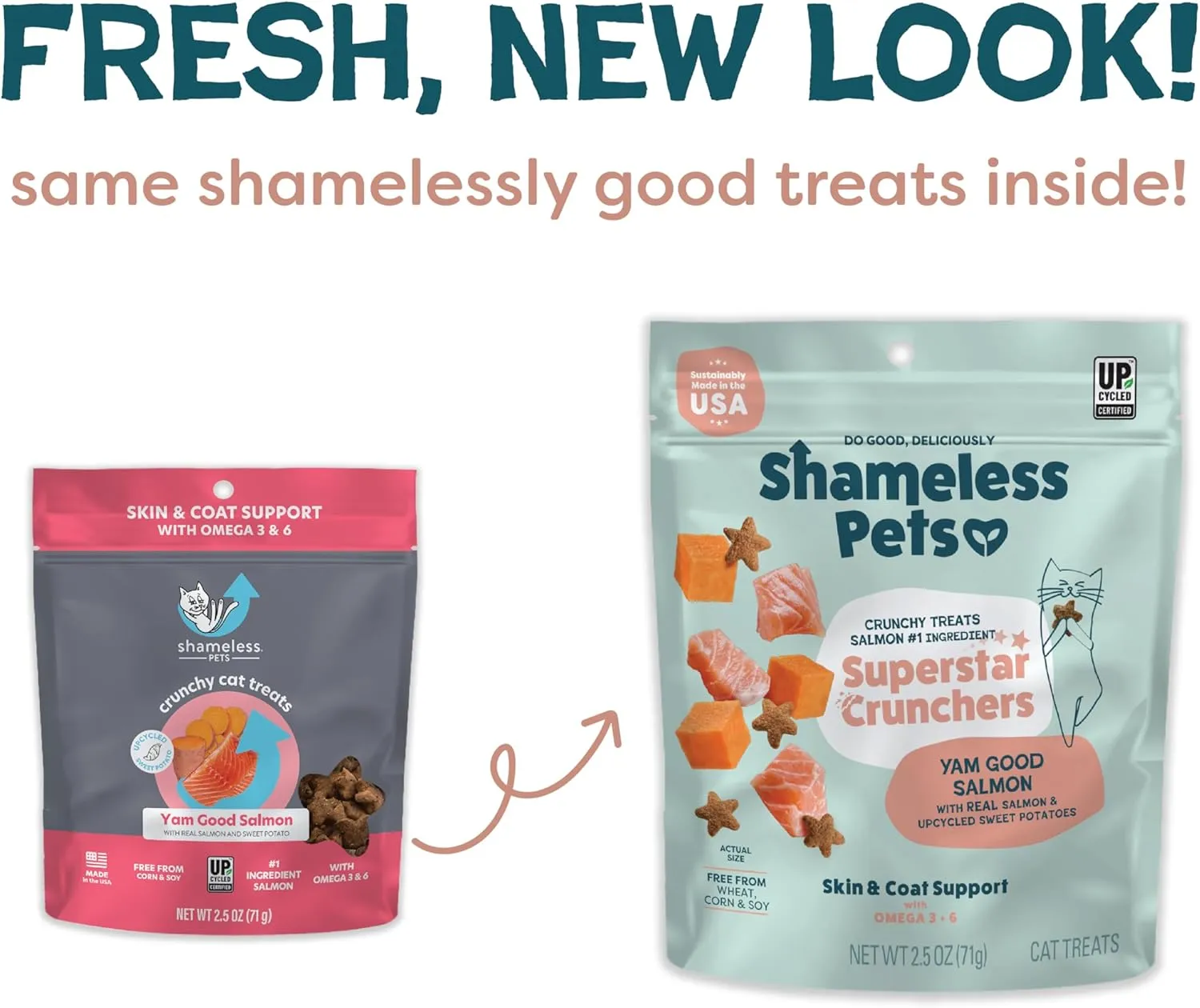 Shameless Pets Crunchy Cat Treats - Kitty Treats with Skin & Coat Support, Natural Ingredients Kitten Treats with Real Salmon, Healthy Flavored Feline Snacks, Yam Good Salmon, 3-Pk