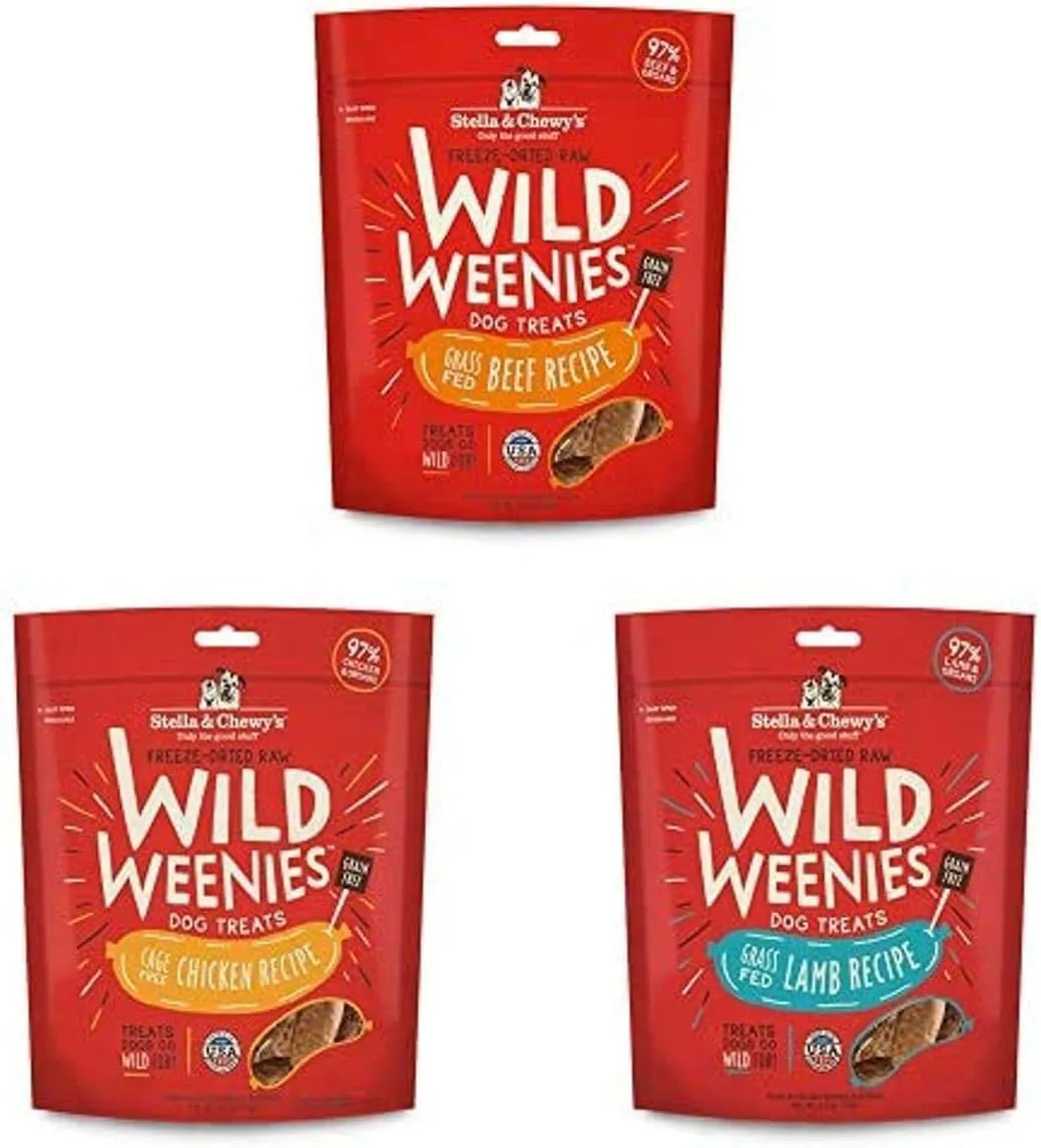 Stella & Chewy's Freeze-Dried Raw Wild Weenies Dog Treats (Bundle of 3, 3.25 oz. Bags) - Beef, Chicken, Lamb