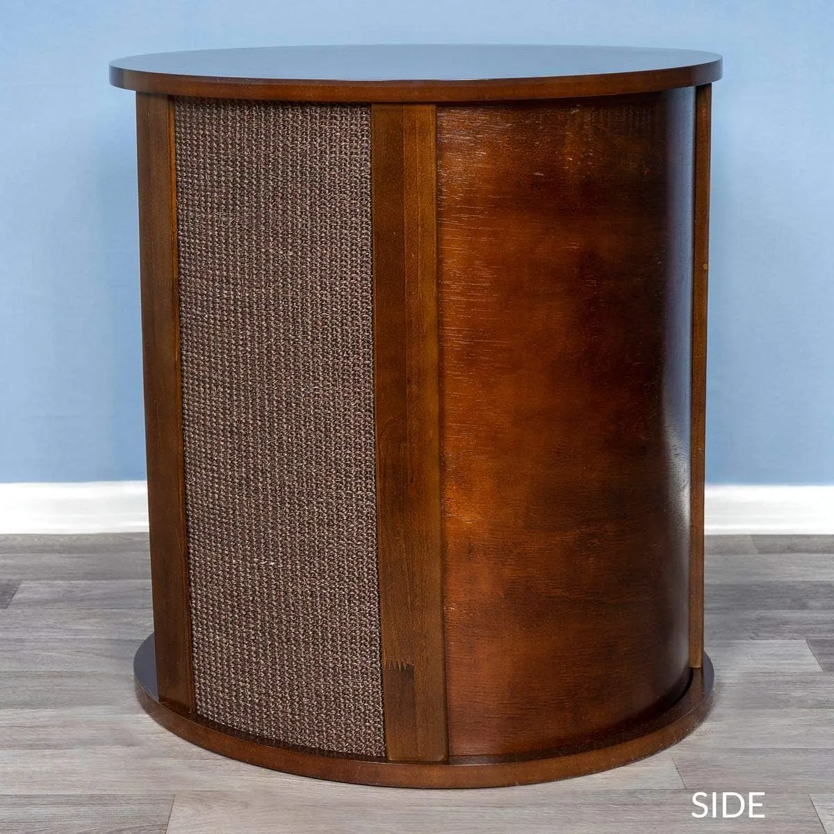 THE REFINED FELINE Purrrrfect End Table Cat Bed Cave in Mahogany Brown, Multipurpose Wood Cat Furniture Nightstand, Easy to Clean Covered Cat Bed with Replaceable Scratching Post & Washable Cushion