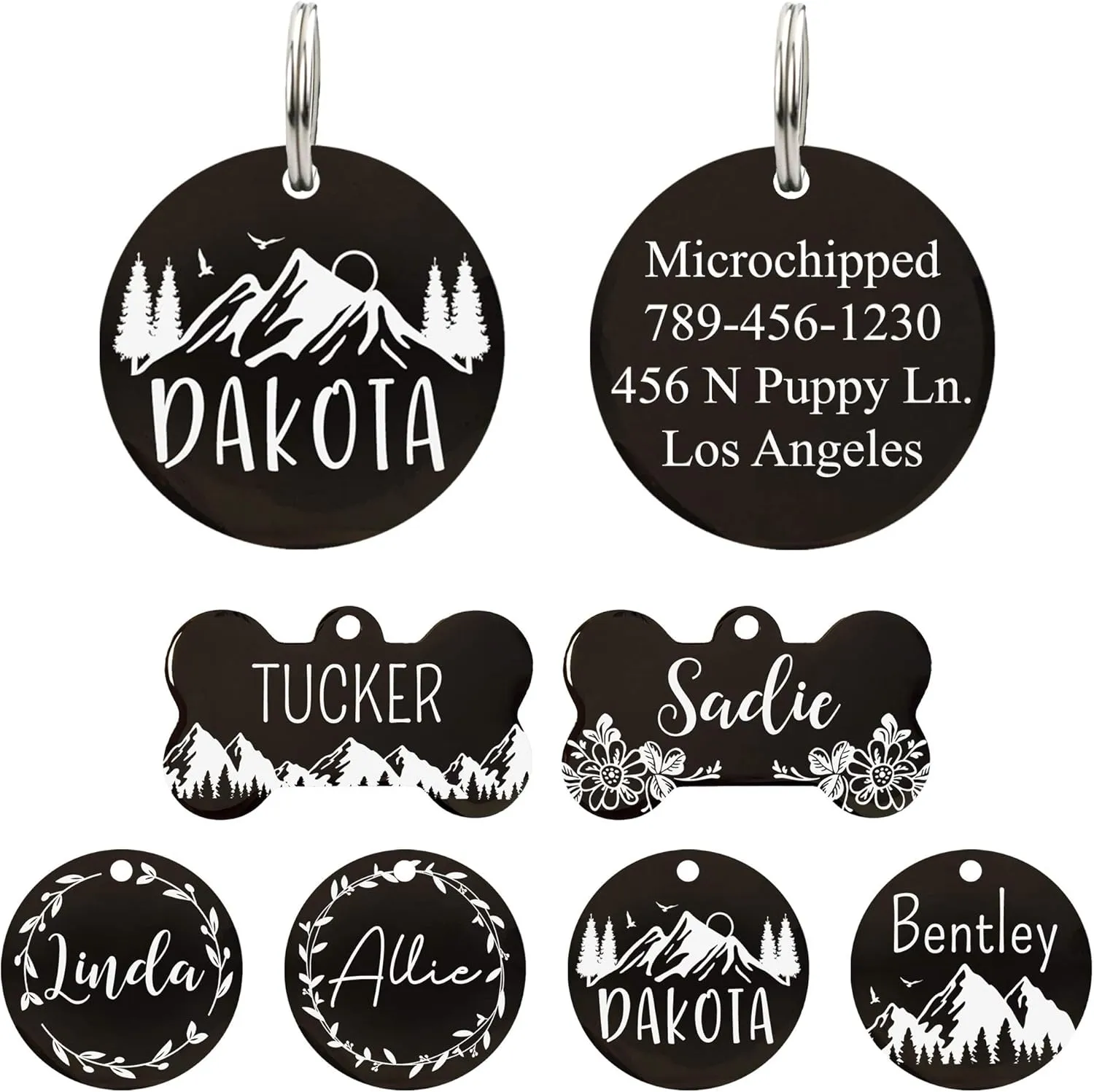 Ultra Joys Stainless Steel Pet ID Tag Dog Name Tags Personalized Front & Back Engraving, Customized Dog Tags and Cat Tags, Optional Engraved on Both Sides, Round Tag with Mountain on Top Design, Large