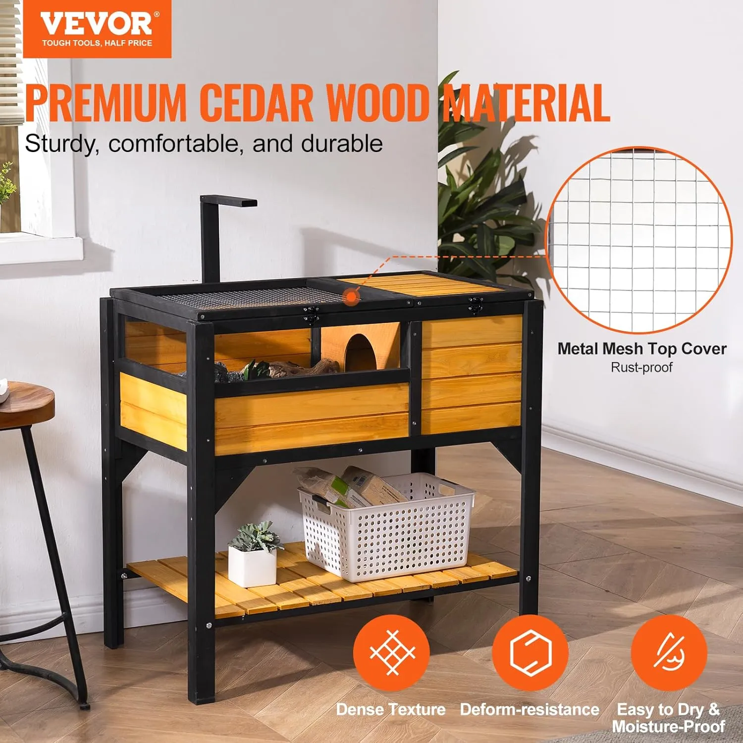 VEVOR Tortoise Habitat, Cedar Wooden Tortoise House Indoor & Outdoor, Tortoise Enclosure with Light Stand, Reptile Enclosure Small Animal Cage with Stand Legs for Gecko, Lizard, Snake