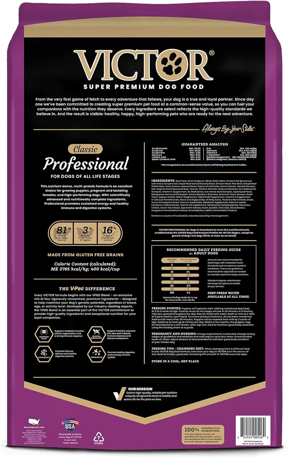 VICTOR Super Premium Dog Food  Professional Dry Dog Food  Super Premium Kibble with 26% Protein  Gluten-Free with Beef, Chicken & Pork Meals  for High Energy and Active Dogs & Puppies, 50lbs