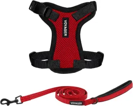 Voyager Step-in Lock Adjustable Cat Harness w. Cat Leash Combo Set with Neoprene Handle 5ft - Supports Small, Medium and Large Breed Cats by Best Pet Supplies - Red/Black Trim, XXXS