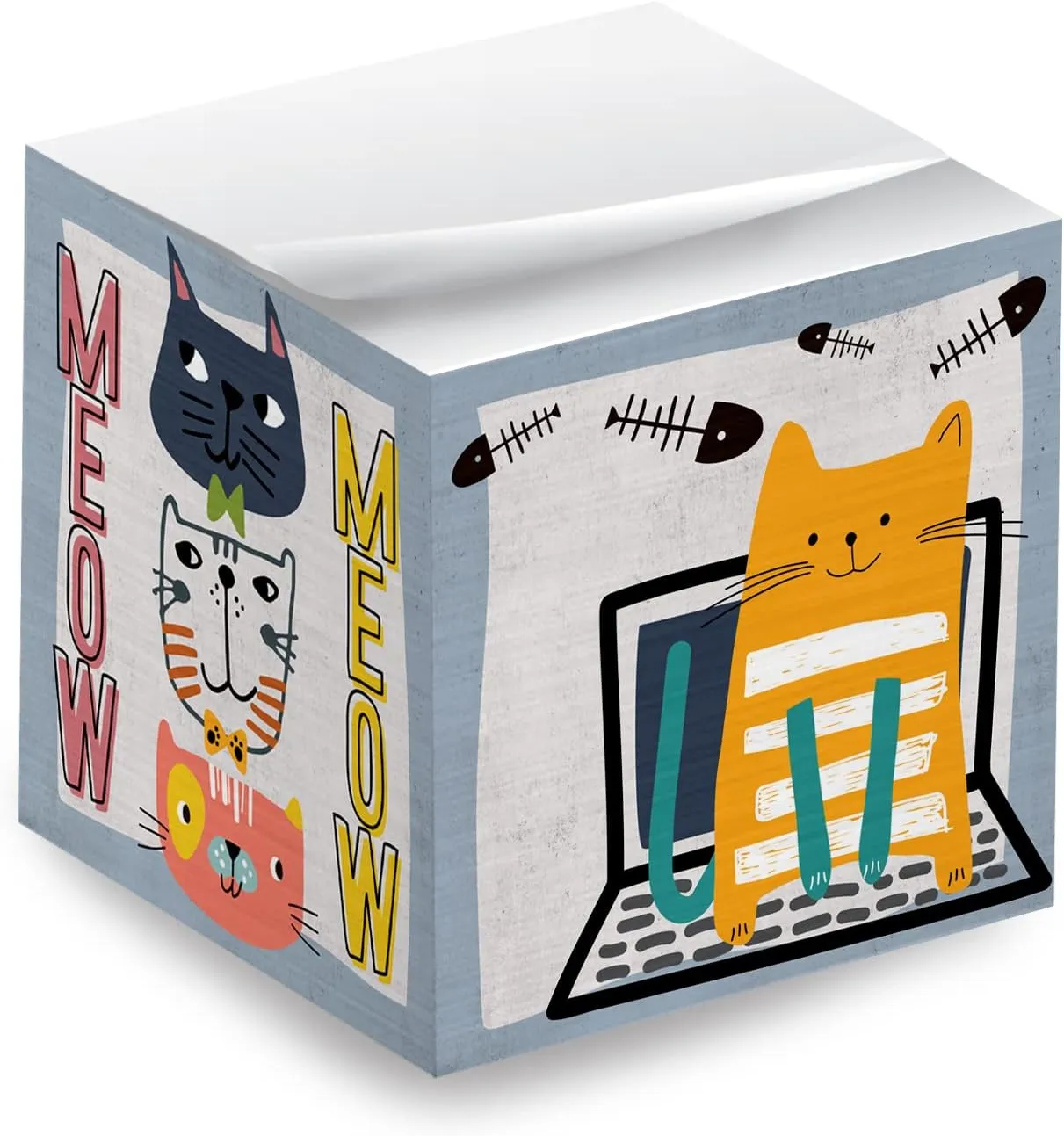 Whimsical Cats Sticky Note Cube / 600 Sheets / 2.75" Memo Block Printed on 4 Sides/Different Feline Design On Each Side/Cat Lover Note Cube