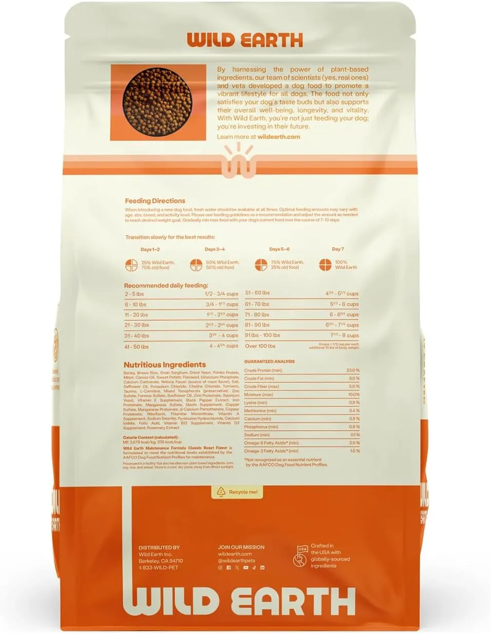 Wild Earth Vegan Dry Dog Food | Plant-Based Maintenance Formula | Vegetarian, Allergy Relief, Veterinarian-Developed for Complete Nutrition | Classic Roast Flavor, 28 Pound Bag