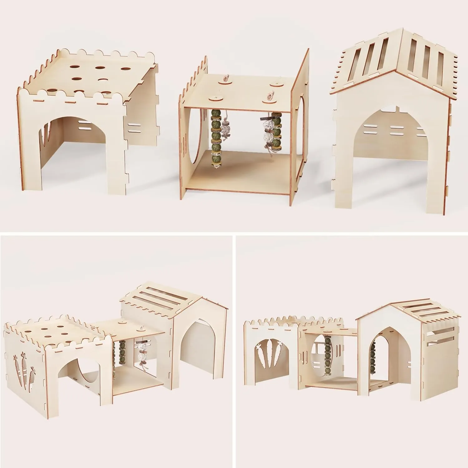Woiworco Extra Large Rabbit Castle Hideout Bunny House with 3 Houses and Toys, Wooden Bunny Hideout Indoor Large Rabbit Hutch Play Houses and Hideouts Nut Castle Hamsters and Guinea Pigs Hut to Hide