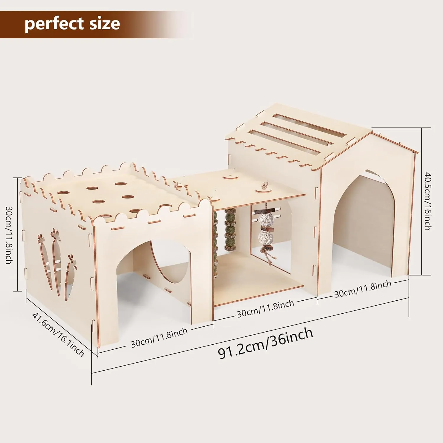 Woiworco Extra Large Rabbit Castle Hideout Bunny House with 3 Houses and Toys, Wooden Bunny Hideout Indoor Large Rabbit Hutch Play Houses and Hideouts Nut Castle Hamsters and Guinea Pigs Hut to Hide