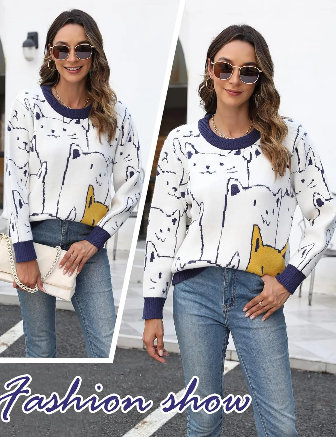 Yimoon Cat Sweater for Women Oversized Chunky Sweater Loose Long Sleeve Knit Pullover Sweater Top