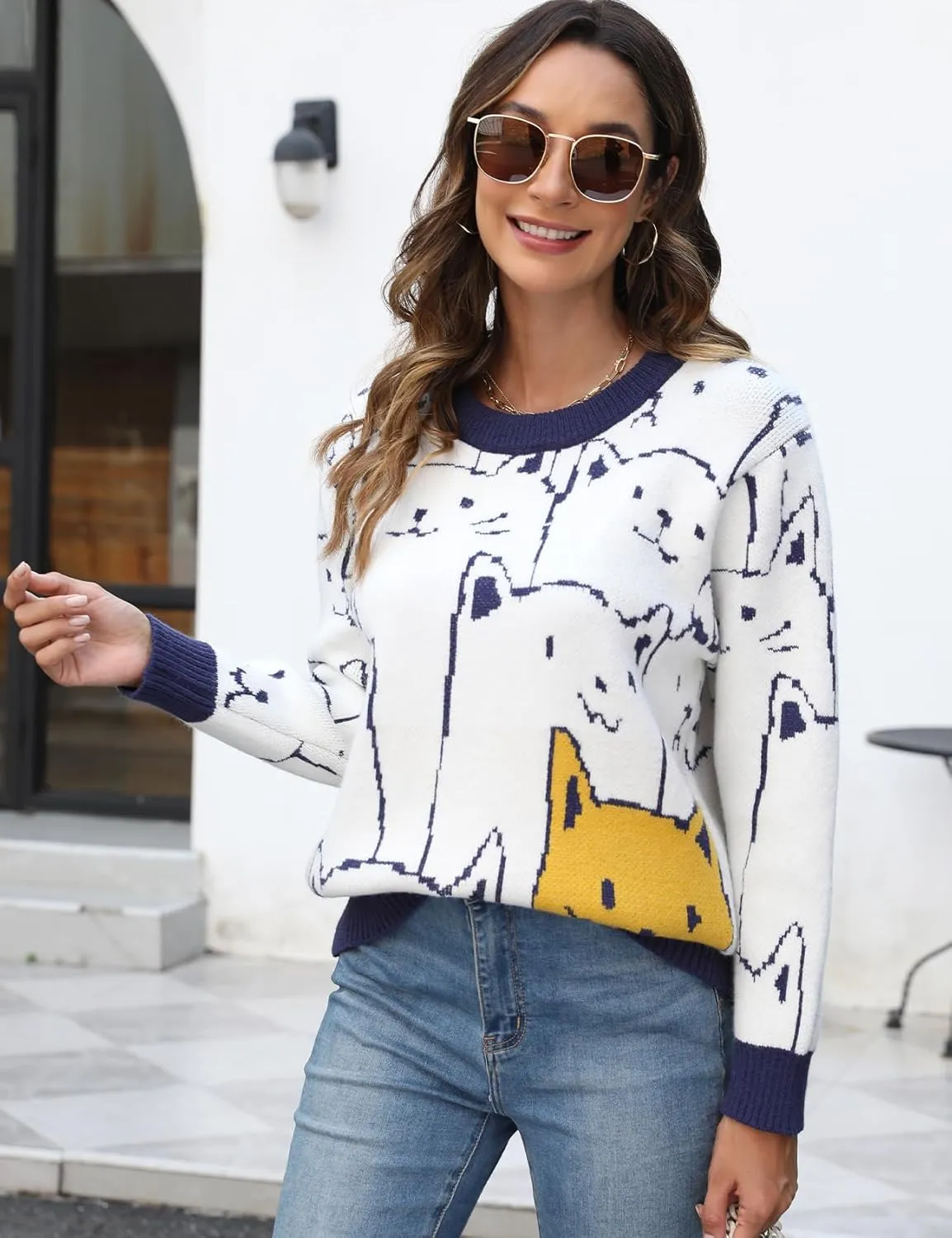 Yimoon Cat Sweater for Women Oversized Chunky Sweater Loose Long Sleeve Knit Pullover Sweater Top